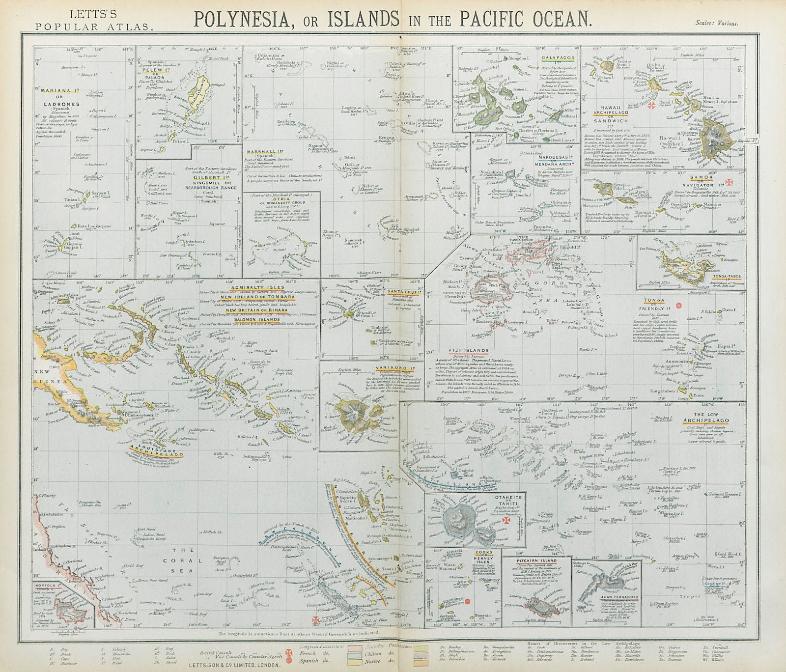 PACIFIC ISLANDS Polynesia Hawaii Samoa Fiji Tahiti Galapagos. LETTS 1883 map